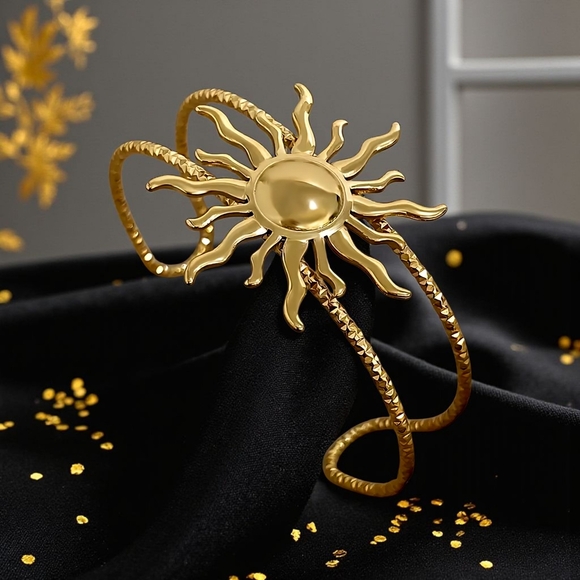 🆕 Boho Chic 18K Gold Plated Sunburst Open Cuff Bracelet Statement Jewelry - Picture 6 of 10